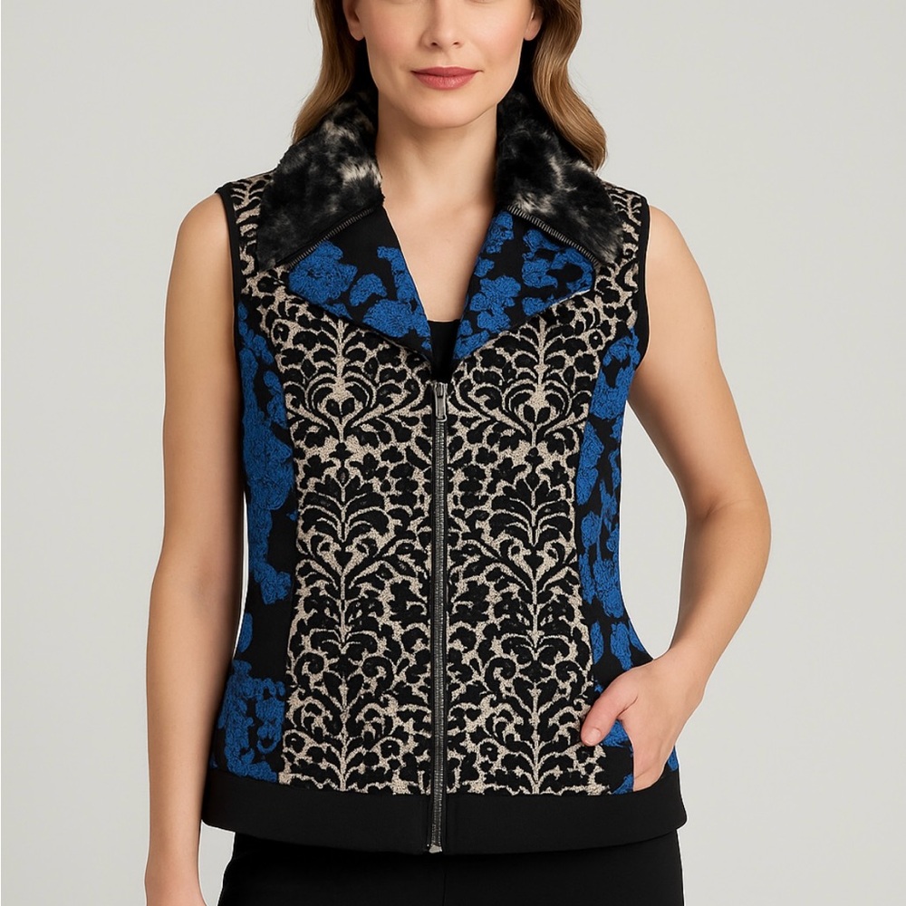 Joseph Ribkoff Black and Blue Patterned Vest